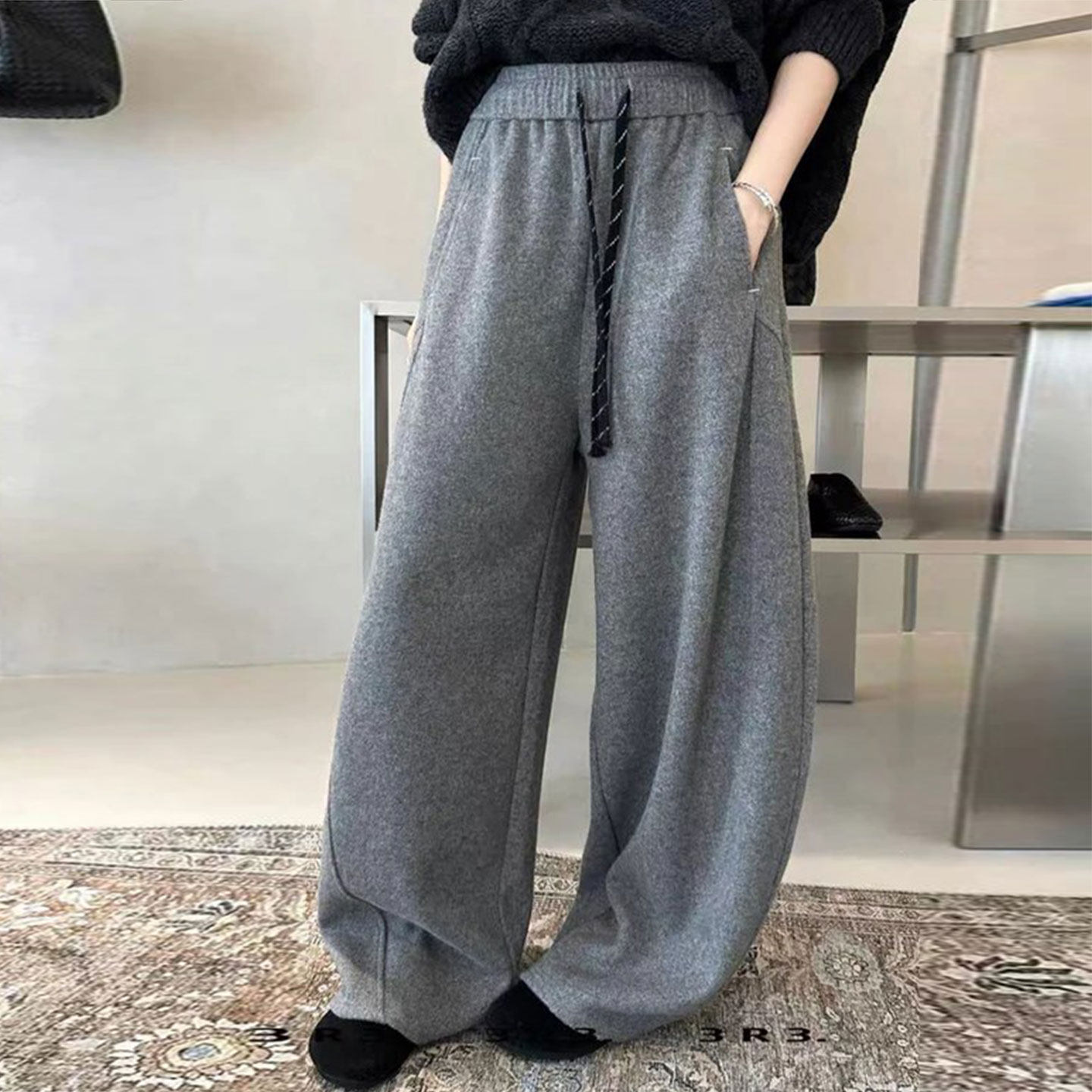 直筒抽绳加绒阔腿裤女2025冬季新时尚高腰弯刀裤显瘦休闲拖地裤潮,淘宝优惠券,粉丝福利购,淘宝优惠卷