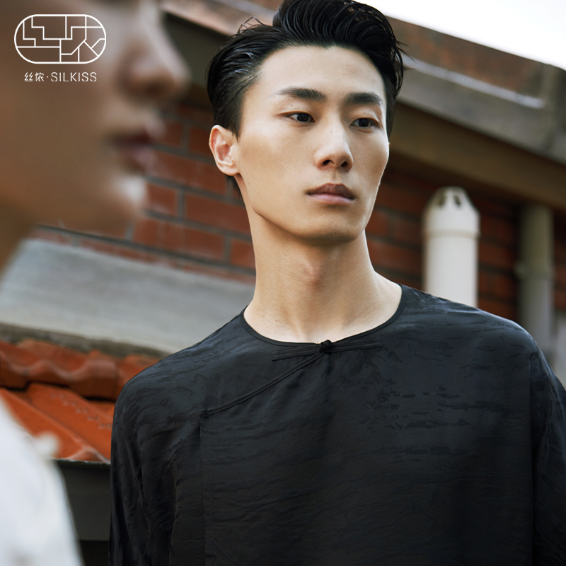 丝侬中式真丝睡衣男款套装高档国风盘扣提花圆领桑蚕丝居家服男士 - 图1