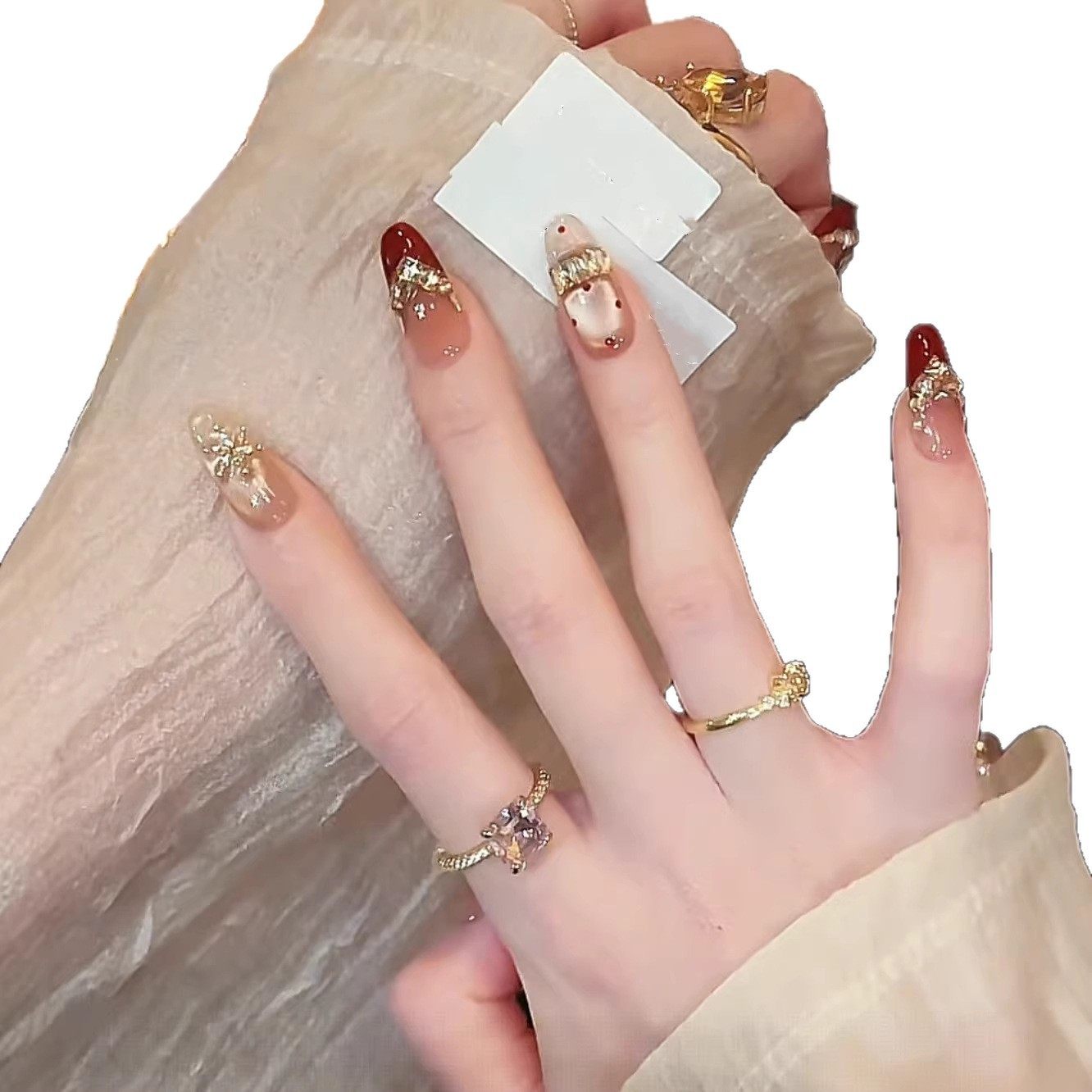 【枫红鎏金】纯手工穿戴甲秋冬红色锆石镶钻高级显白纯手作美甲片,淘宝优惠券,粉丝福利购,淘宝优惠卷