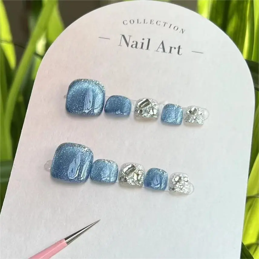 纯手工穿戴甲脚指甲贴片纯手工猫眼显白可拆卸蓝脚晶ins风脚指甲 - 图1