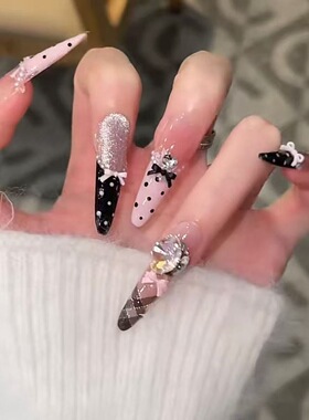 【黑糖玛奇朵】纯手工穿戴甲黑粉法式波点显白穿戴甲蝴蝶结美甲贴