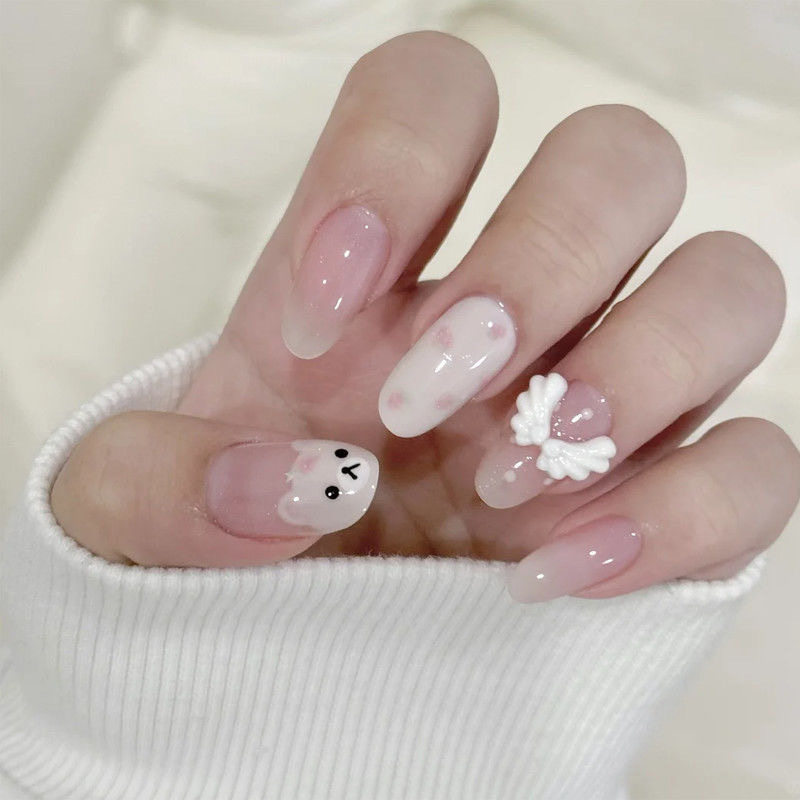 新款立体纯手工穿戴甲可爱小熊波点裸色显白ins甜美公主学生美甲,淘宝优惠券,粉丝福利购,淘宝优惠卷