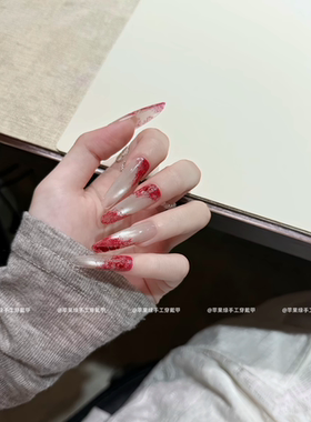 红色蕾丝纯手工美甲穿戴甲玻璃心猫眼高级ins辣妹轻奢显白超长尖