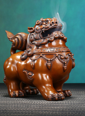 中式紫铜朝天狮瑞兽香炉摆件