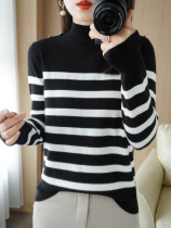 Half height collar striped sweater womens autumn winter bump color button sleeve head slapped undershirt 2023 new loose 100 hitch-knit cardiovert