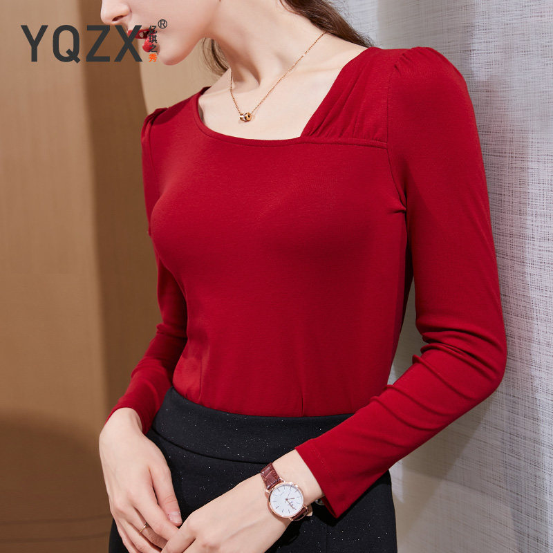 复古法式斜领长袖t恤秋季打底衫 亿琪之秀T恤