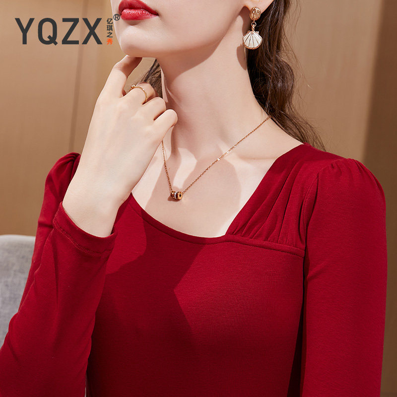 复古法式斜领长袖t恤秋季打底衫 亿琪之秀T恤