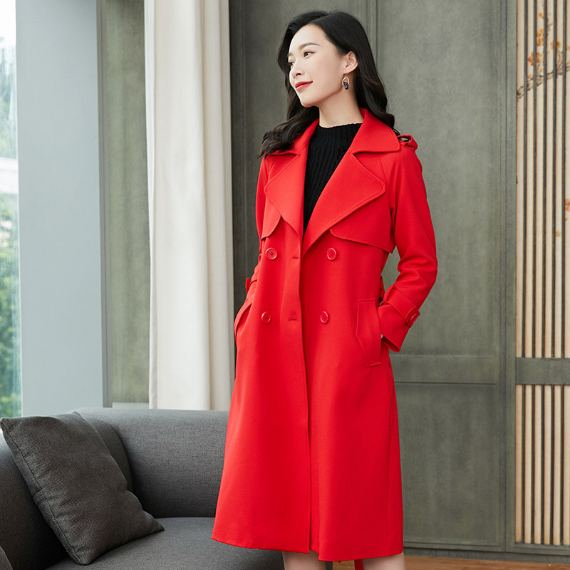 红色女中长款秋装2020年新款风衣 智蓝时尚风衣