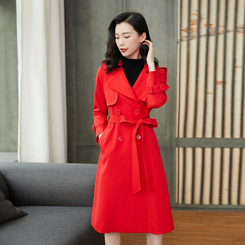 红色女中长款秋装2020年新款风衣 智蓝时尚风衣