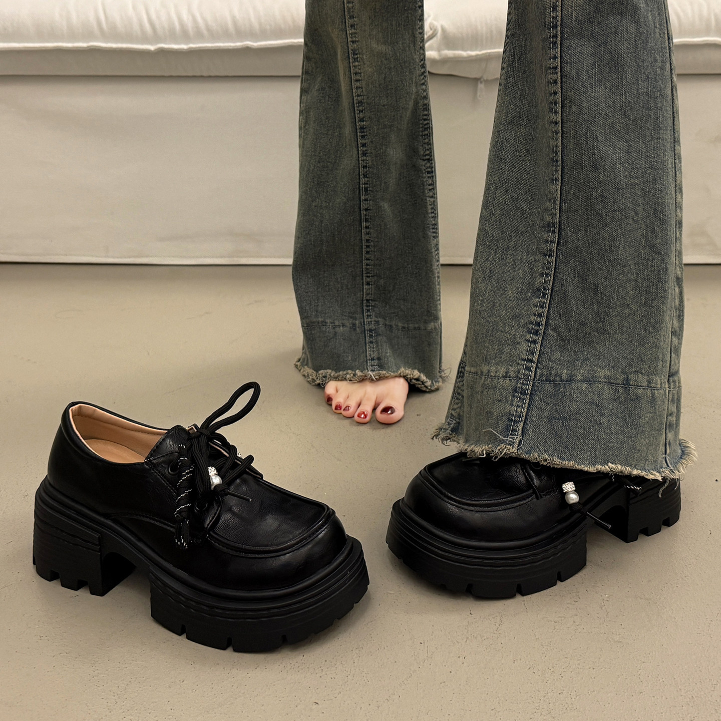 复古英伦风系带厚底增高小皮鞋女秋冬2025新款配裙子法式百搭单鞋,淘宝优惠券,粉丝福利购,淘宝优惠卷