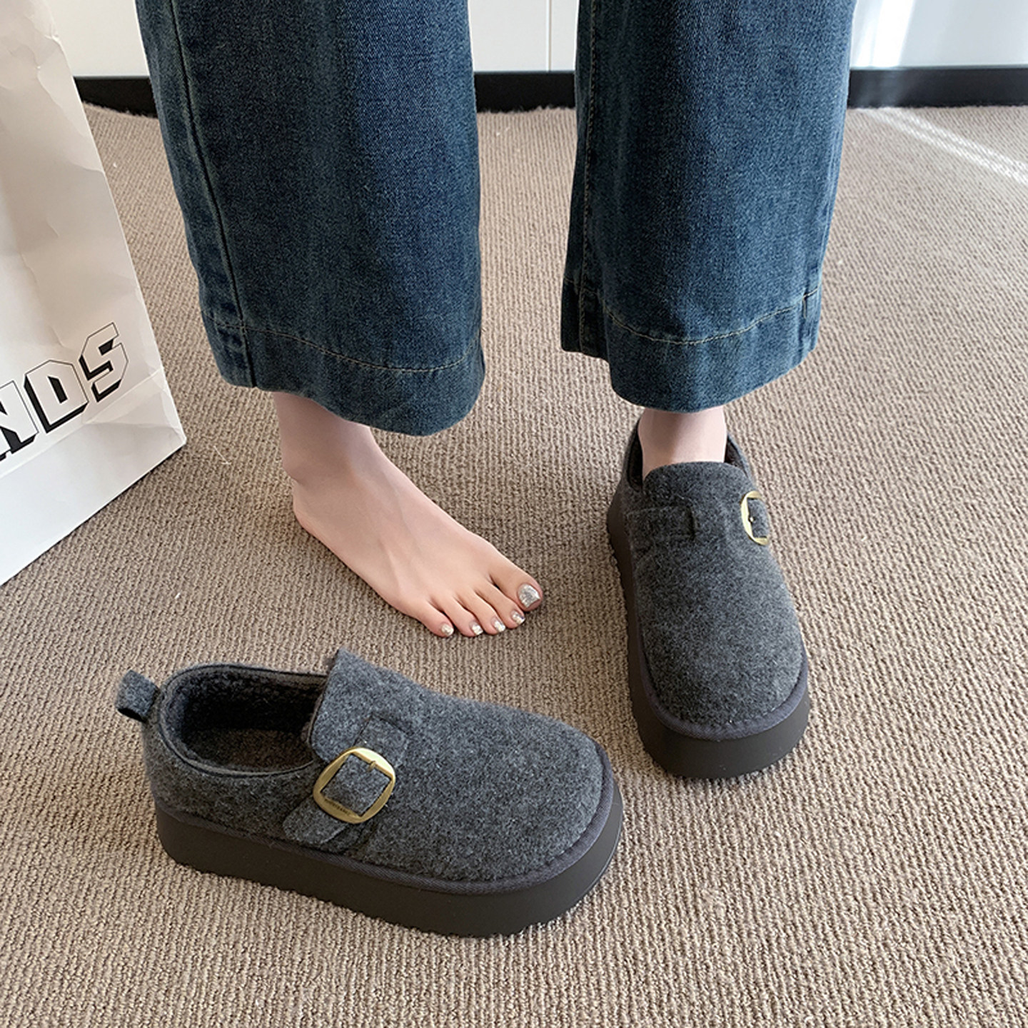 绝美圆头厚底深口单鞋女加绒勃肯鞋2025新款秋冬松糕毛毛雪地棉鞋,淘宝优惠券,粉丝福利购,淘宝优惠卷