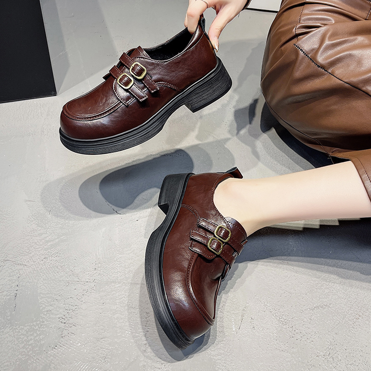 英伦风百搭厚底小皮鞋女棕色法式单鞋2025新款秋冬季玛丽珍乐福鞋 - 图2