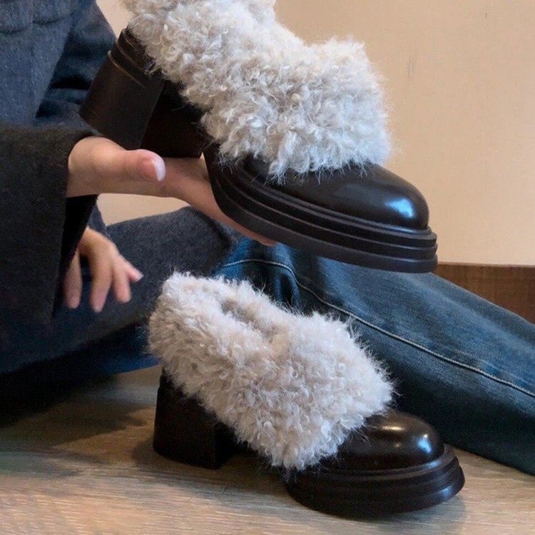 法式加绒高跟毛毛鞋女冬季新款一脚蹬圆头乐福鞋粗跟玛丽珍小皮鞋,淘宝优惠券,粉丝福利购,淘宝优惠卷