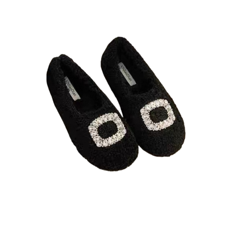 外穿2025秋冬季新款水钻方扣羊羔毛平底鞋女加绒保暖豆豆棉瓢鞋子,淘宝优惠券,粉丝福利购,淘宝优惠卷