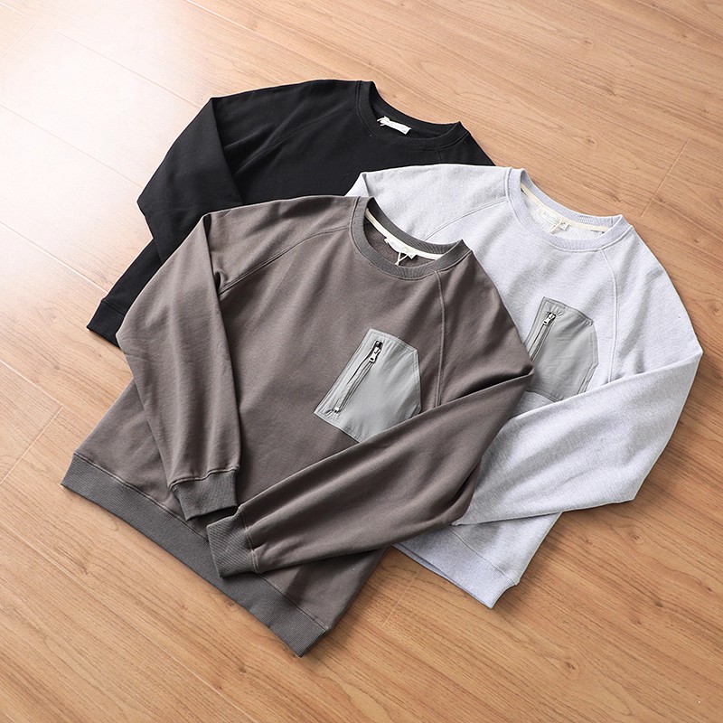 清仓！只要39！撞色拉链口袋！鱼鳞纹毛圈男士圆领休闲套头卫衣 - 图1