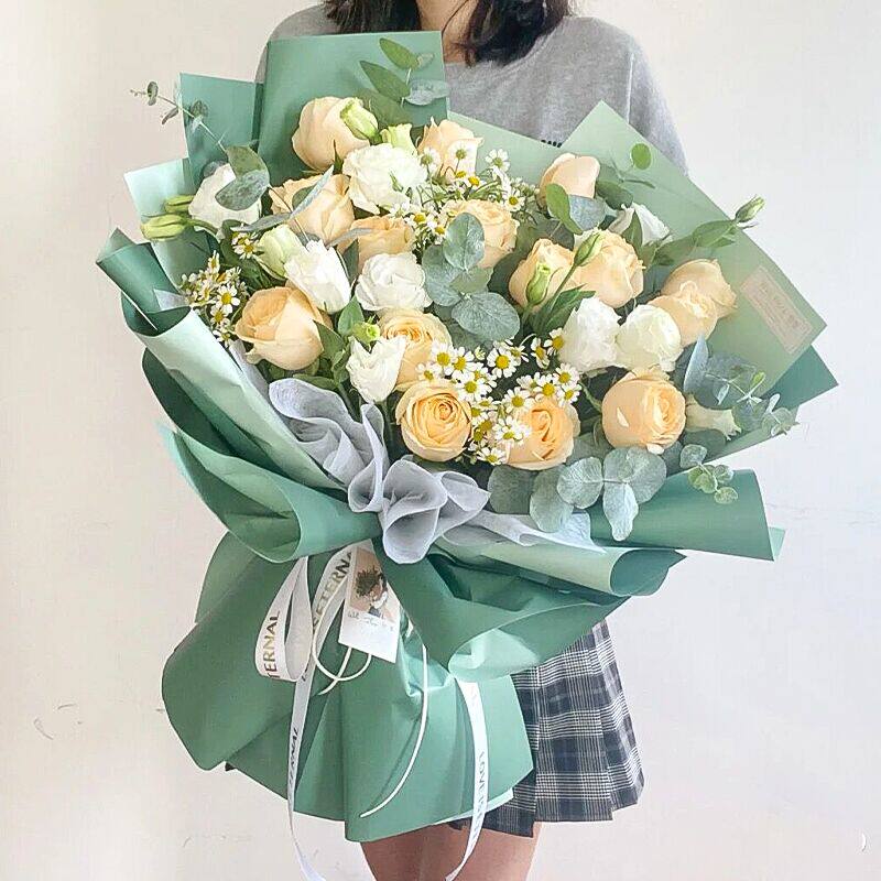 香槟玫瑰花束礼盒鲜花速递同城天津南开西青北辰东丽生日配送花店