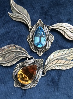 凉玥 冰与火之歌925纯银深邃蓝托帕石帝王黄水晶情侣项链可调节