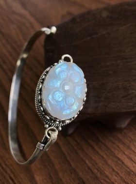 凉玥 尼泊尔手工精工紫水晶粉晶茶晶月光柠檬绿水晶扣口925银手镯