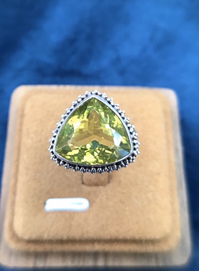 凉玥 尼泊尔纯手工制作复古宫廷风掐丝925纯银柠檬晶戒指开口可调