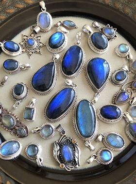 凉玥 尼泊尔手工制作925纯银天然拉长石吊坠锁骨坠小众设计送礼物