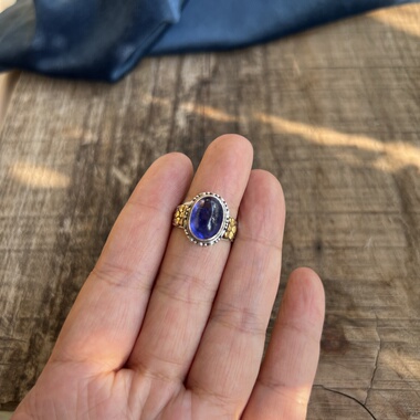 凉玥 尼泊尔手工复古宫廷风925纯银天然蓝晶石坦桑石戒指开口可调