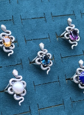 尼泊尔天然黄水晶紫水晶珍珠伦敦蓝蓝托帕石青金石925银蛇戒个性