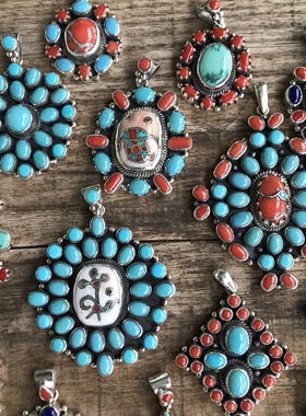 凉玥尼泊尔手工民族风重磅精工藏式绿松石蓝松青金石925纯银吊坠