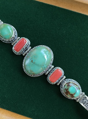 尼泊尔手工925纯银天然原矿高瓷绿松石手链手镯气质妈妈闺蜜礼物