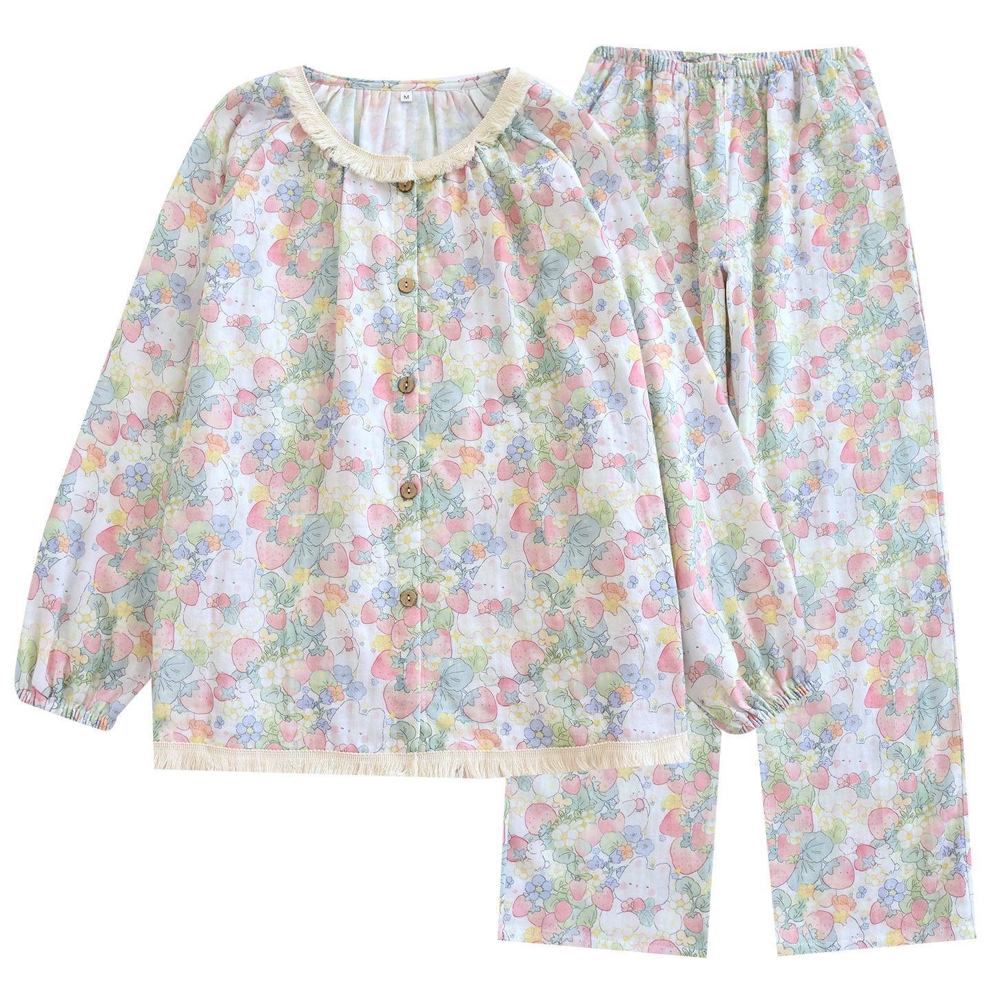 春夏纯棉睡衣女双层纱长袖长裤宽松流苏圆领全棉家居服套装可外穿,淘宝优惠券,粉丝福利购,淘宝优惠卷