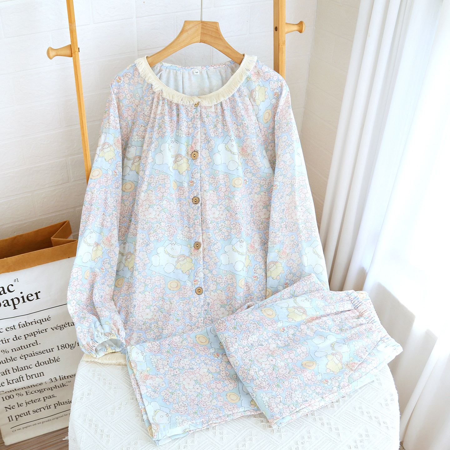 春夏纯棉睡衣女双层纱长袖长裤宽松流苏圆领全棉家居服套装可外穿,淘宝优惠券,粉丝福利购,淘宝优惠卷