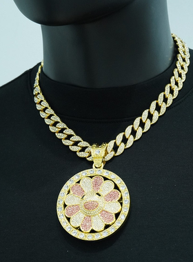 欧美嘻哈风可旋转太阳花吊坠项链