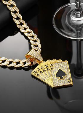 欧美hiphop说唱扑克牌吊坠古巴链