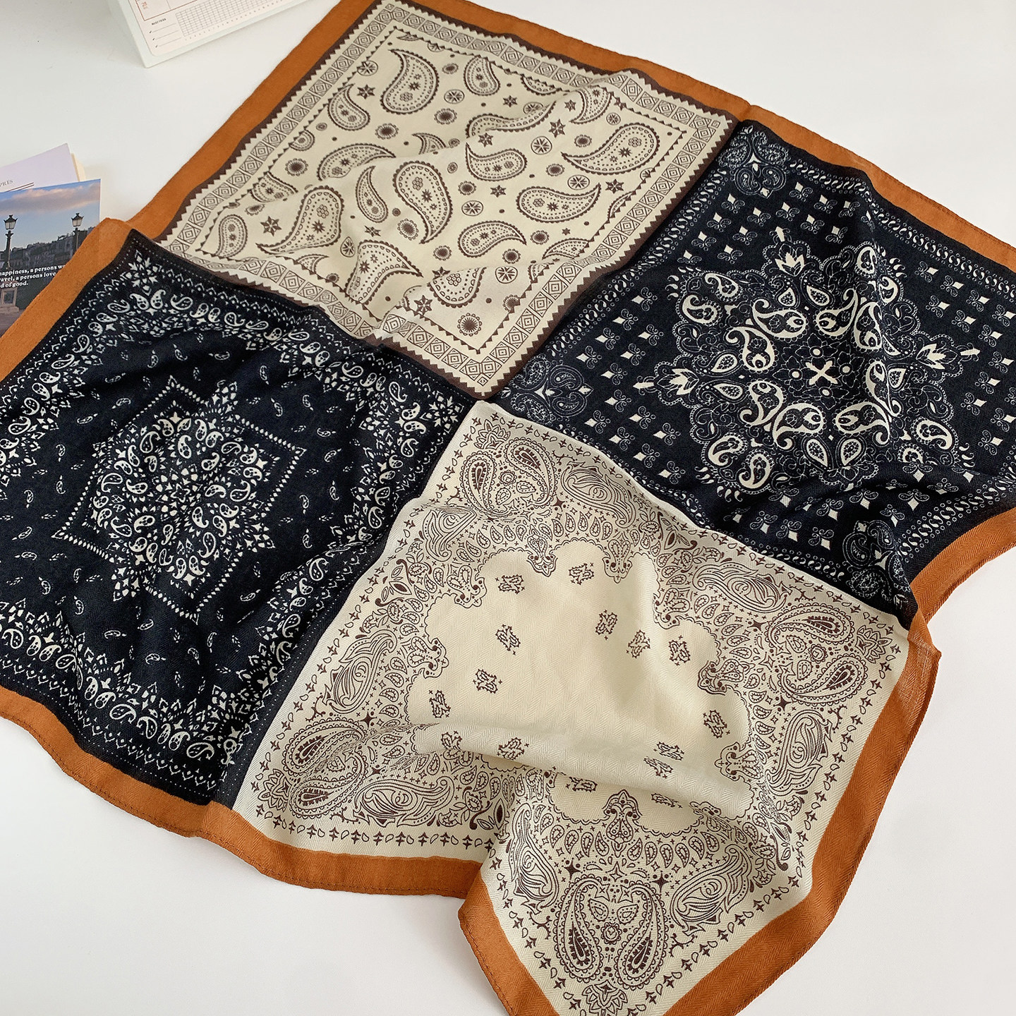 法式腰果花棉麻手感小方巾女丝巾春秋百搭高级感复古围巾护颈围脖