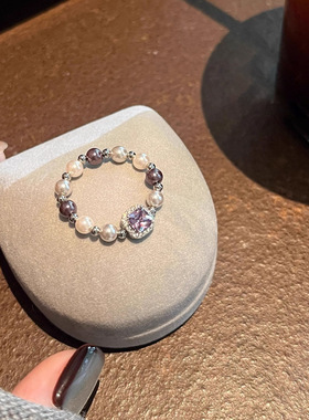 紫色锆石珍珠戒指女小众设计感串