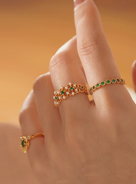 祖母绿宝石珍珠戒指女不掉色小众