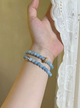 海蓝色天然石串珠手链女夏双层叠