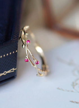 蔷薇枝花藤戒指天然红宝石女纯银