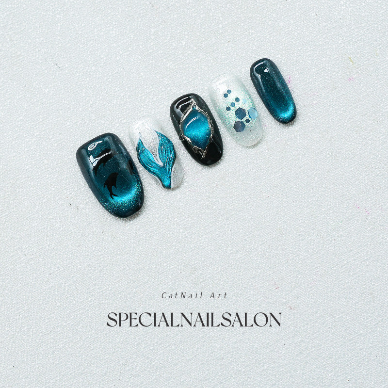 【深海鱼尾】纯手工穿戴甲25年新款幽蓝亮片猫眼浮雕人鱼显白美甲,淘宝优惠券,粉丝福利购,淘宝优惠卷
