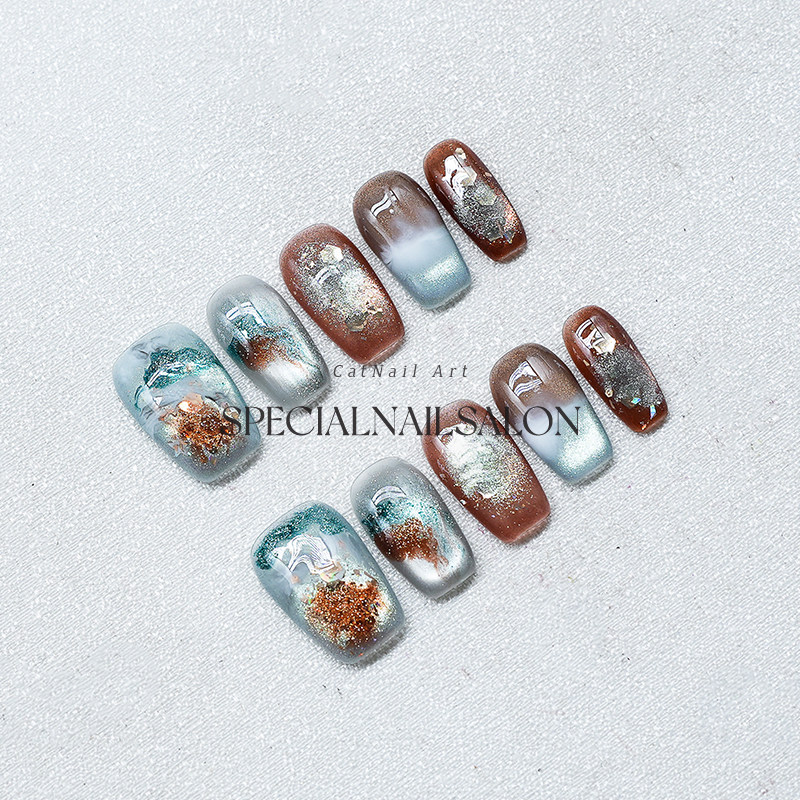 【碧海雾影】纯手工穿戴甲秋冬爆闪晕染爆闪个性短款显白美甲贴片,淘宝优惠券,粉丝福利购,淘宝优惠卷