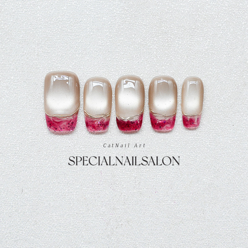 【芭西莓粉】纯手工穿戴甲夏日撞色猫眼高级感法式优雅显白美甲片,淘宝优惠券,粉丝福利购,淘宝优惠卷