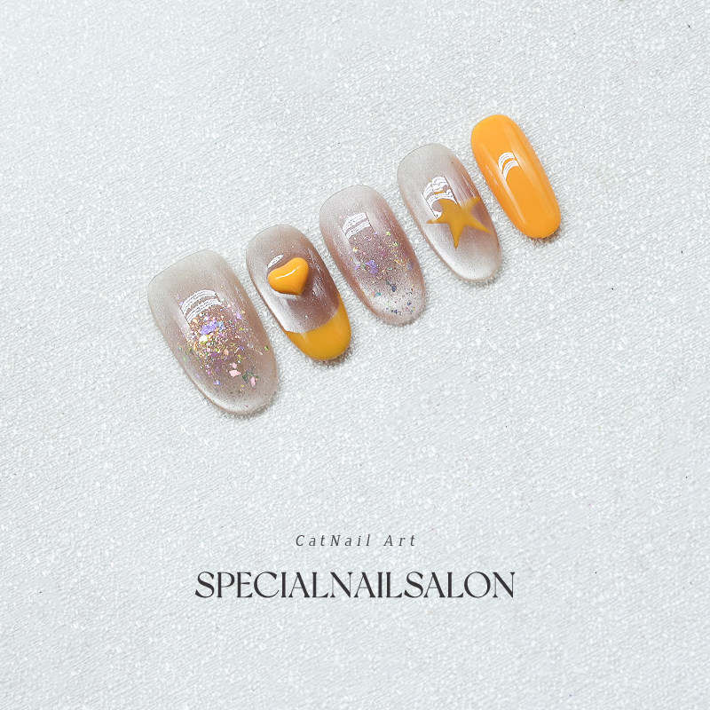 【向阳星光】纯手工穿戴甲细闪猫眼奶油黄星星高级感显白美甲贴片,淘宝优惠券,粉丝福利购,淘宝优惠卷