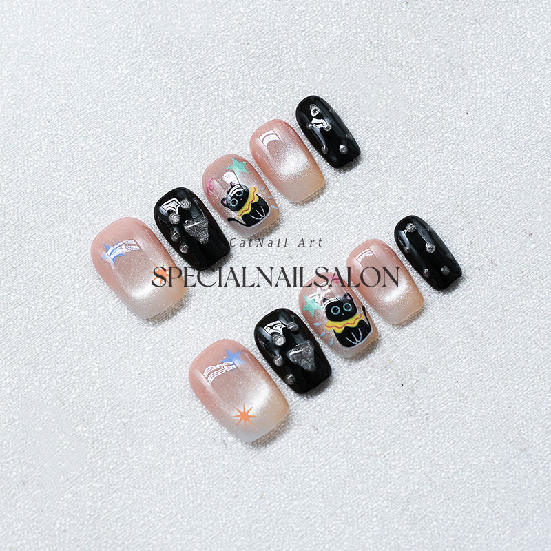 【星夜喵影】纯手工穿戴甲可爱小猫咪手绘日常童趣短款显白美甲片,淘宝优惠券,粉丝福利购,淘宝优惠卷