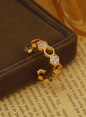 时尚ins小众开口六边形微镶锆石戒指女可调节食指指环女高级感