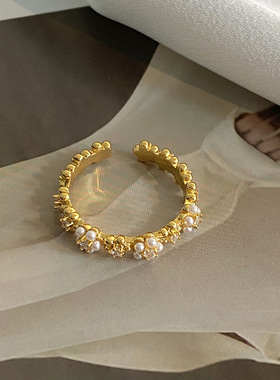 ins开口戒指温柔vintage花朵珍珠甜美指环戒指女温柔百搭食指戒