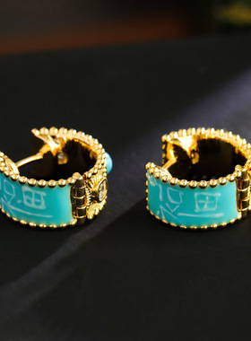 中古圆形麻花边纹理耳扣蓝色珐琅