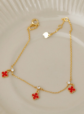 红色幸运四叶花手链女简约气质甜美风手镯中国红喜庆女生手饰