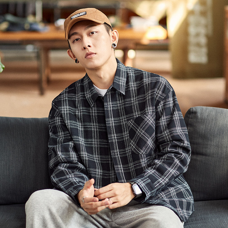 唐狮格子男长袖加绒加厚宽松衬衫 唐狮喜之乐衬衫