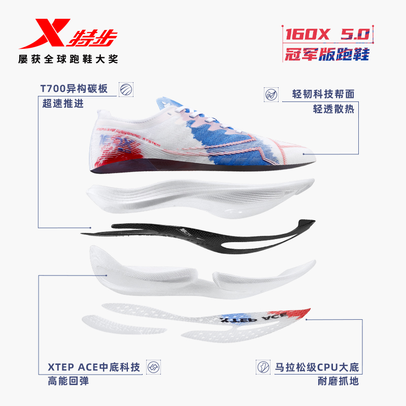 特步160X5.0新一代冠军版跑步鞋男竞速碳板跑鞋马拉松专业运动鞋