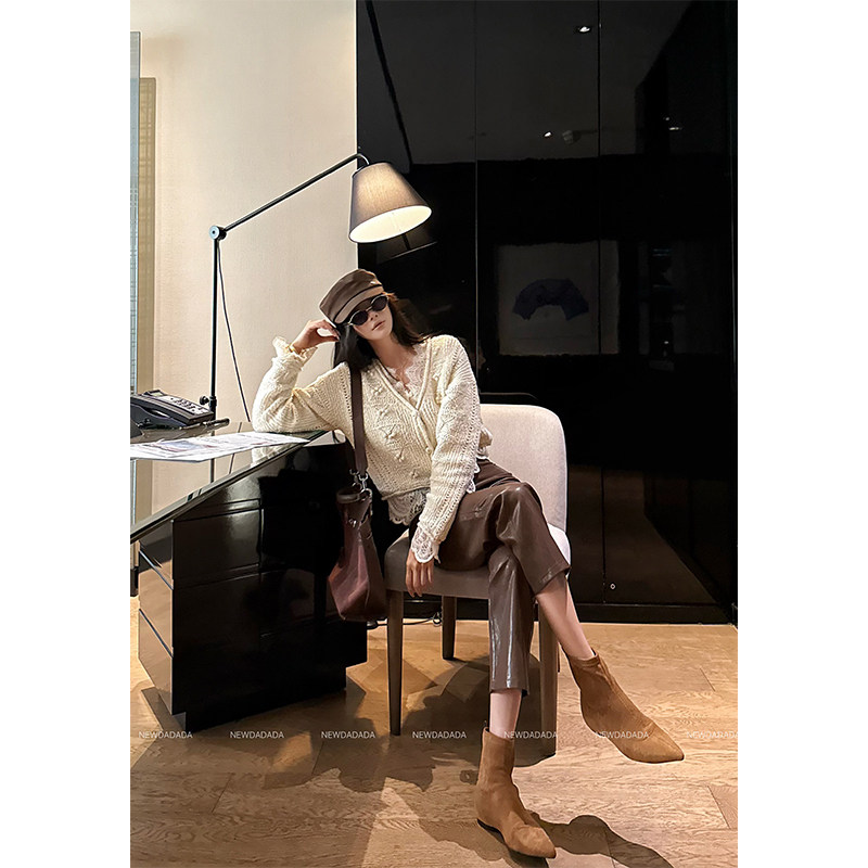 利达NEW DADADA【雾蓝海森】复古卡其休闲裤女高腰显瘦九分pu皮裤,淘宝优惠券,粉丝福利购,淘宝优惠卷