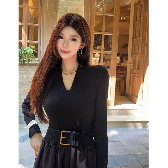 利达NEW DADADA【陌野】复古卡其长袖连衣裙女高腰显瘦A字百褶裙